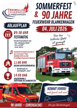 Blaha -Sommerfest und 90 Jahre Feuerwehr Blankenhagen Plakat Blaha -Sommerfest und 90 Jahre Feuerwehr Blankenhagen Plakat